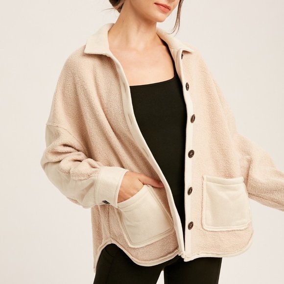 Listicle Oversized Terry Cloth Collar Button Closure Pocket Shacket - Picture 7 of 9